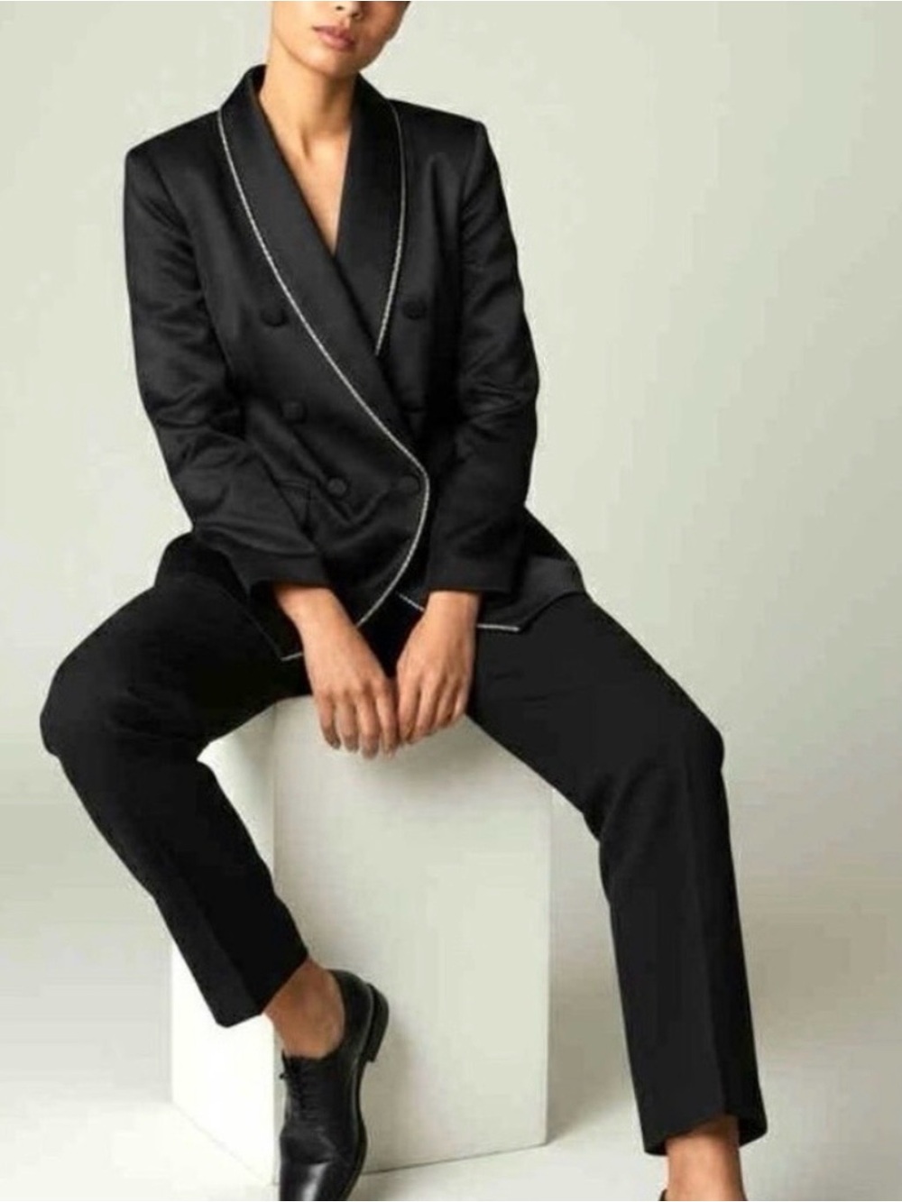 Jason Wu Black Double-Breasted Satin Blazer Tuxedo style Rhinestone Loo Trim NWT